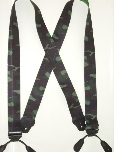BUTTON-ON WOODLAND Suspenders 2 inches wide and 48 inches long.Black and Dark Green. UA120N48WOOD